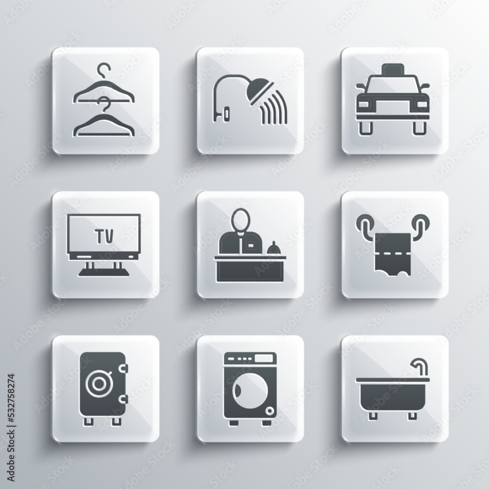 Set Washer, Bathtub, Toilet paper roll, Hotel reception desk, Safe, Smart Tv, Hanger wardrobe and Taxi car icon. Vector Set Washer, Bathtub, Toilet paper roll, Hotel reception desk, Safe, Smart Tv, Hanger wardrobe and Taxi car icon. Vector