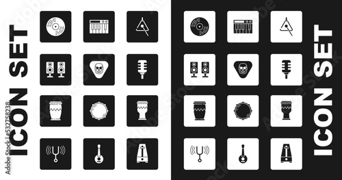 Set Triangle, Guitar pick, Stereo speaker, Vinyl disk, Microphone, Music synthesizer, Drum and icon. Vector
