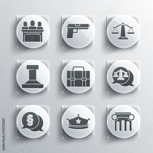 Set Police cap with cockade, Law pillar, Scales of justice, Briefcase, Stamp, Jurors and icon. Vector