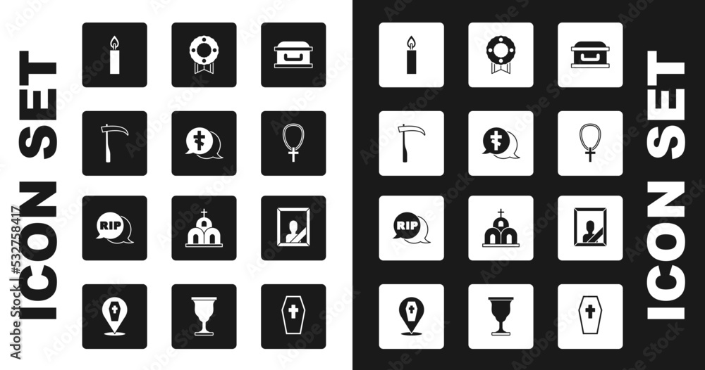 Set Coffin with cross, Grave, Scythe, Burning candle, Christian on chain, Memorial wreath, Mourning photo frame and Speech bubble rip death icon. Vector
