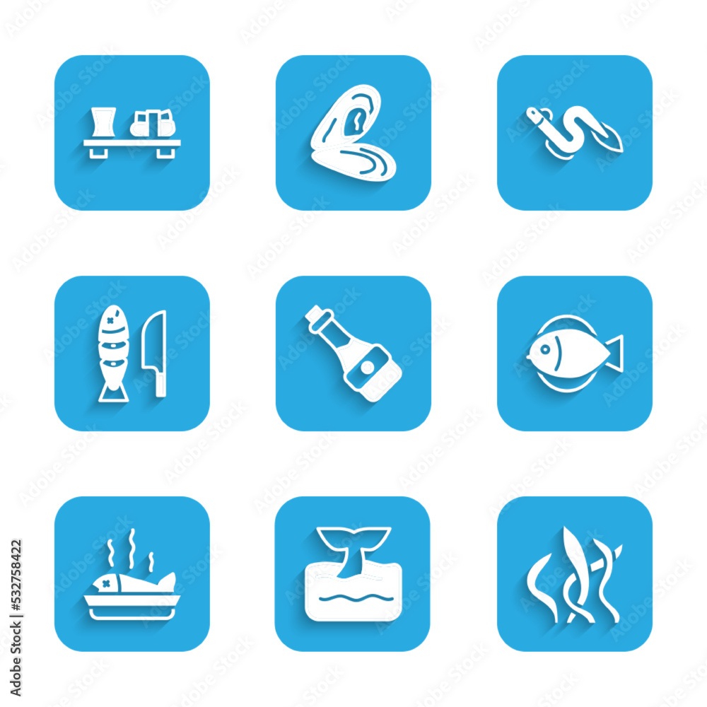 Set Soy sauce bottle, Whale tail in ocean wave, Seaweed, Fish, Served fish on plate, with sliced pieces, Eel and Sushi cutting board icon. Vector Set Soy sauce bottle, Whale tail in ocean wave, Seaweed, Fish, Served fish on plate, with sliced pieces, Eel and Sushi cutting board icon. Vector