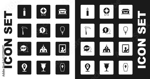Set Coffin with cross, Grave, Scythe, Burning candle, Christian on chain, Memorial wreath, Mourning photo frame and Speech bubble rip death icon. Vector