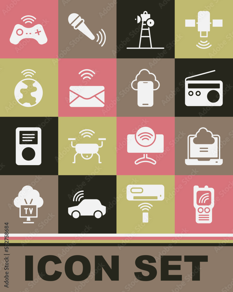 Set Walkie talkie, Network cloud connection, Radio, Satellite dish, Mail and e-mail, Global technology, Wireless gamepad and Cloud data icon. Vector Set Walkie talkie, Network cloud connection, Radio, Satellite dish, Mail and e-mail, Global technology, Wireless gamepad and Cloud data icon. Vector