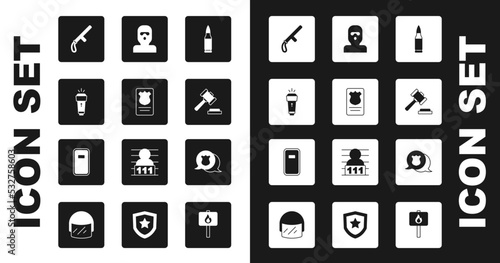 Set Bullet, Police badge with id case, Flashlight, rubber baton, Judge gavel, Thief mask, and assault shield icon. Vector
