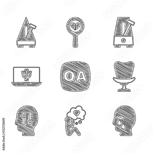 Set Question and Answer, Head with heart, Man graves funeral sorrow, Armchair, Solution to the problem, Psychologist online, Metronome pendulum and icon. Vector