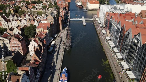 View from the drone on the old town of Gdansk on the Moltawa River.