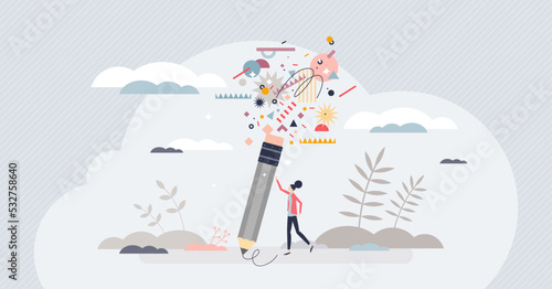 Creative writing and versatile topics author art work tiny person concept. Various styles for freelancer poem, prose, novel or books vector illustration. Fun, exciting and motivational things typing.