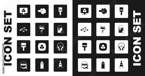 Set Paint brush, roller, spray gun, RGB and CMYK color mixing, bucket, Gas mask and icon. Vector