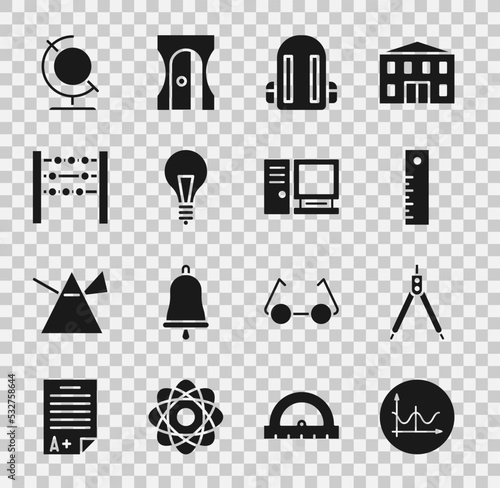 Set Graph, schedule, chart, diagram, Drawing compass, Ruler, School backpack, Light bulb with concept of idea, Abacus, Earth globe and Computer monitor icon. Vector