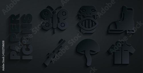 Set Mushroom, Hunter boots, Hunting gun, Shirt, Mexican mayan or aztec mask and Butterfly icon. Vector
