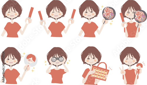 【オタクイラスト/ペンラ、うちわ、双眼鏡、痛ば、ぬいを持っている】表情とポーズのバリエーションセット