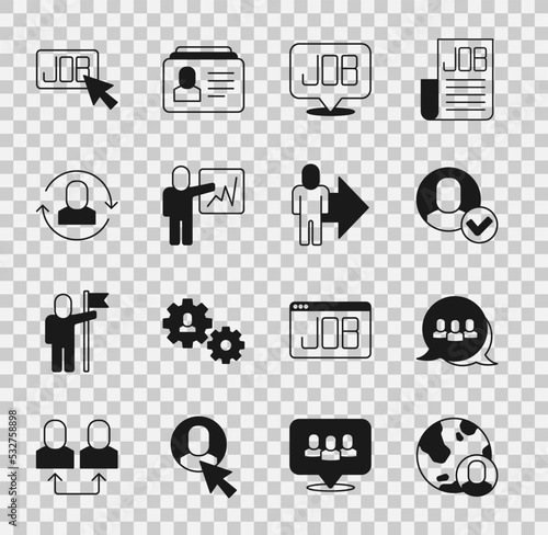 Set Globe and people, Project team base, Worker, Search job, Leader of of executives, Exchange work, and icon. Vector