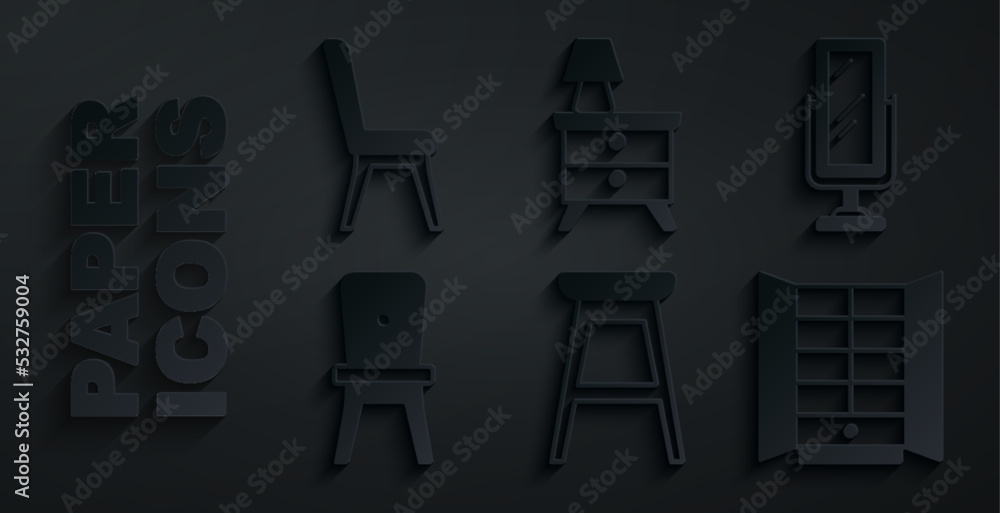 Set Chair, Big full length mirror, Wardrobe, Nightstand with lamp and icon. Vector Set Chair, Big full length mirror, Wardrobe, Nightstand with lamp and icon. Vector