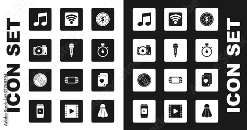 Set Casino chips, Microphone, Photo camera, Music note, tone, Stopwatch, Wi-Fi wireless internet network, Playing cards and Vinyl disk icon. Vector