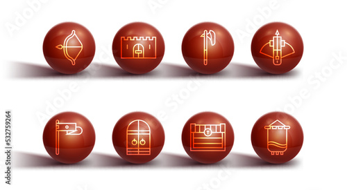 Set line Medieval bow and arrow, flag, Battle crossbow with, Antique treasure chest, castle gate, and axe icon. Vector