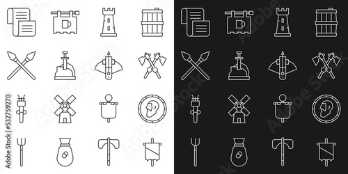 Set line Medieval flag, Ancient coin, Crossed medieval axes, Castle tower, Sword the stone, spears, Decree, parchment, scroll and Battle crossbow with arrow icon. Vector
