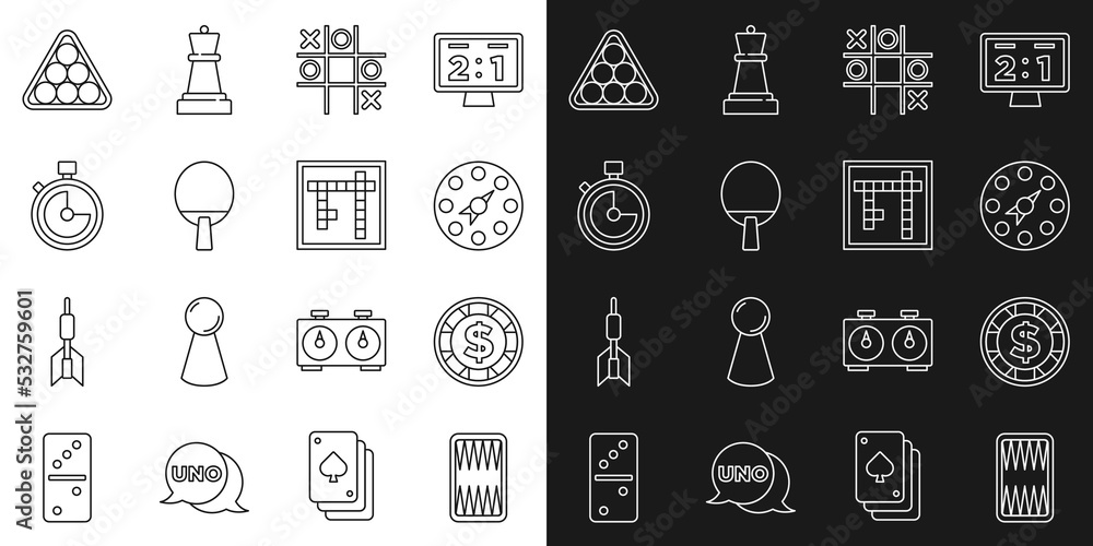 Set line Backgammon board, Casino chip with dollar, Twister game, Tic tac toe, Racket, Stopwatch, Billiard balls triangle and Bingo icon. Vector