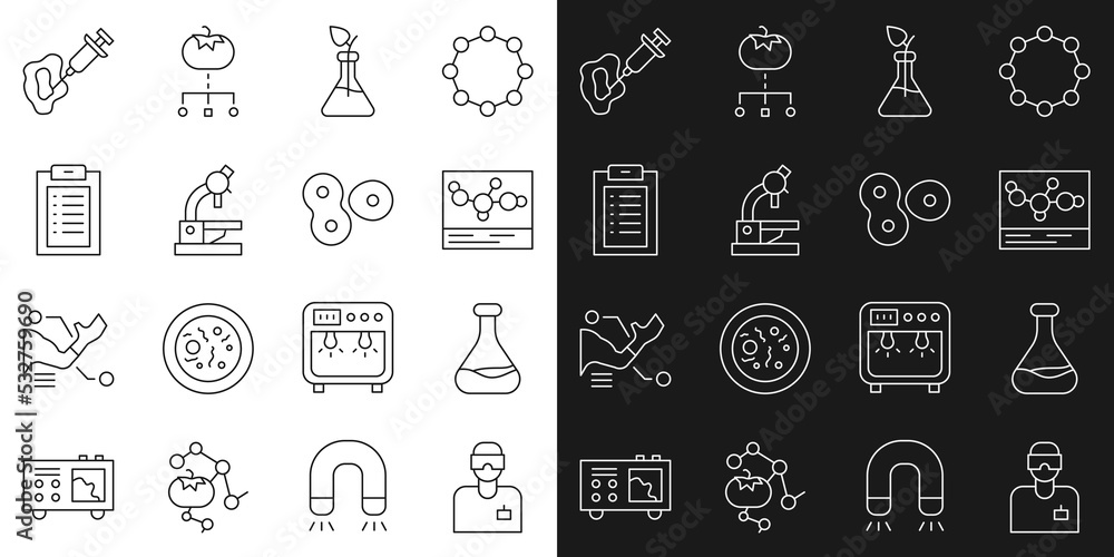 Set line Laboratory assistant, Test tube and flask, Chemical formula, Plant breeding, Microscope, Clinical record, Syringe and Cell division icon. Vector