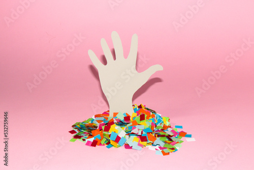 Print op canvas zombie hand comes out of colorful ground, creative halloween concept, paper craf