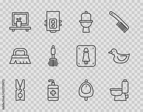 Set line Clothes pin, Toilet bowl, Hand sanitizer bottle, Washbasin mirror, brush, urinal pissoir and Rubber duck icon. Vector