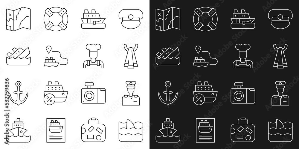 Set line Shark fin in ocean wave, Captain of ship, Towel on hanger, Cruise, Ship line path, Sinking cruise, Folded map and Cook icon. Vector Set line Shark fin in ocean wave, Captain of ship, Towel on hanger, Cruise, Ship line path, Sinking cruise, Folded map and Cook icon. Vector
