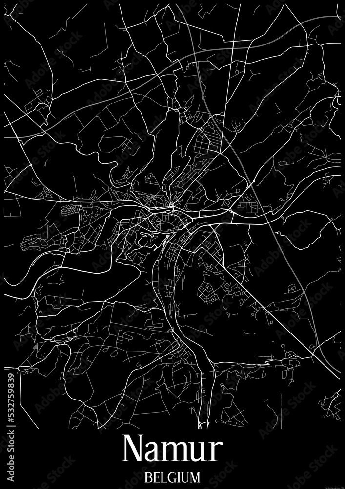 Black and White city map poster of Namur Belgium.