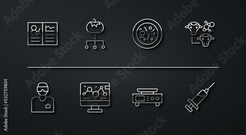 Set line Clinical record, Laboratory assistant, Cloning, Electronic scales, Genetic engineering modification, Genetically modified food, Syringe and Petri dish with bacteria icon. Vector