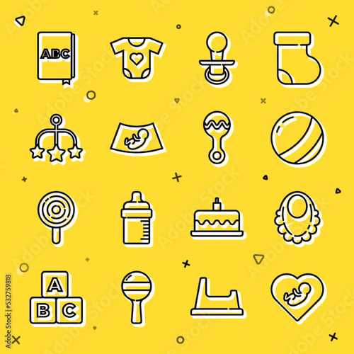 Set line Baby inside heart, bib, Beach ball, dummy pacifier, Ultrasound of baby, crib hanging toys, ABC book and Rattle icon. Vector