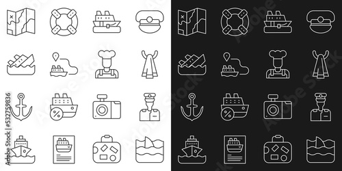 Set line Shark fin in ocean wave, Captain of ship, Towel on hanger, Cruise, Ship line path, Sinking cruise, Folded map and Cook icon. Vector