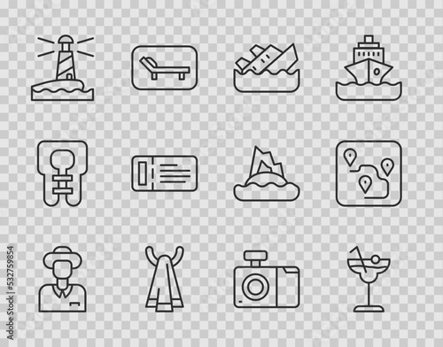 Set line Tourist, Cocktail, Sinking cruise ship, Towel on hanger, Lighthouse, Cruise ticket, Photo camera and Route location icon. Vector