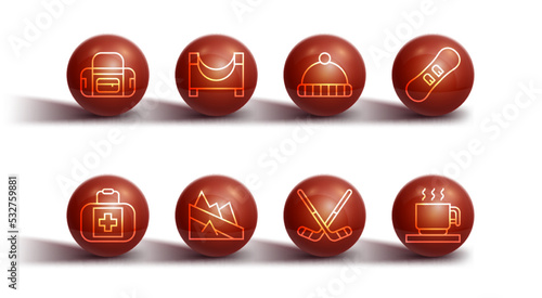 Set line Sport bag, First aid kit, Snowboard, Ice hockey sticks, Mountain descent, Skate park, Hot chocolate cup and Winter hat icon. Vector