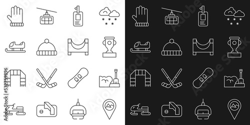 Set line Location with mountain, Shovel snowdrift, Award cup, Identification badge, Winter hat, Sled, Christmas mitten and Skate park icon. Vector