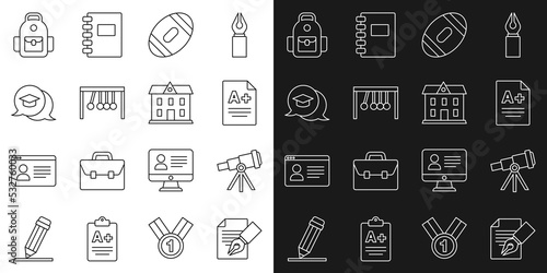 Set line Exam sheet and pencil, Telescope, with A plus grade, American Football ball, Pendulum, Graduation cap in speech bubble, School backpack and building icon. Vector