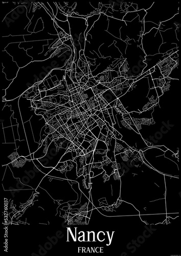 Black and White city map poster of Nancy France.