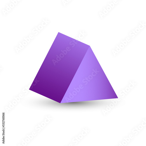 Vector purple, triangular prism with gradients and shadow for game, icon, package design, logo, mobile, ui, web, education. 3D triangular prism on a white background. Geometric figures for your design