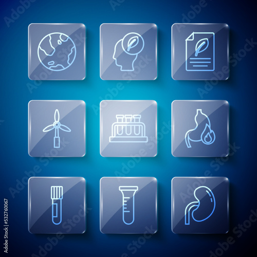 Set line Test tube and flask, Human kidney, Eco paper with leaf, Wind turbine, Earth globe and Stomach heartburn icon. Vector