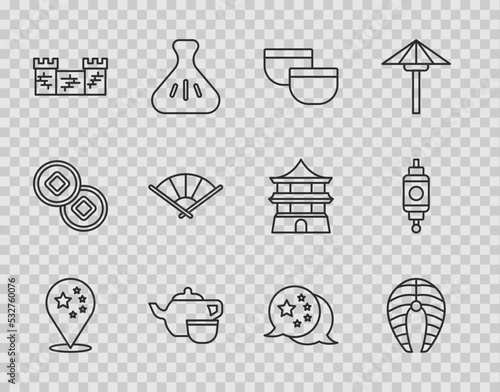 Set line China flag, Fish steak, Chinese ceremony, Great wall of, or japanese folding fan, and paper lantern icon. Vector