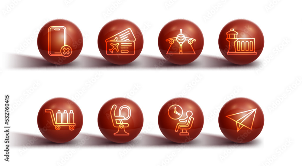 Set line No cell phone, Trolley baggage, Airport control tower, Human waiting in airport terminal, Airplane seat, Airline ticket, Paper airplane and Plane icon. Vector Set line No cell phone, Trolley baggage, Airport control tower, Human waiting in airport terminal, Airplane seat, Airline ticket, Paper airplane and Plane icon. Vector