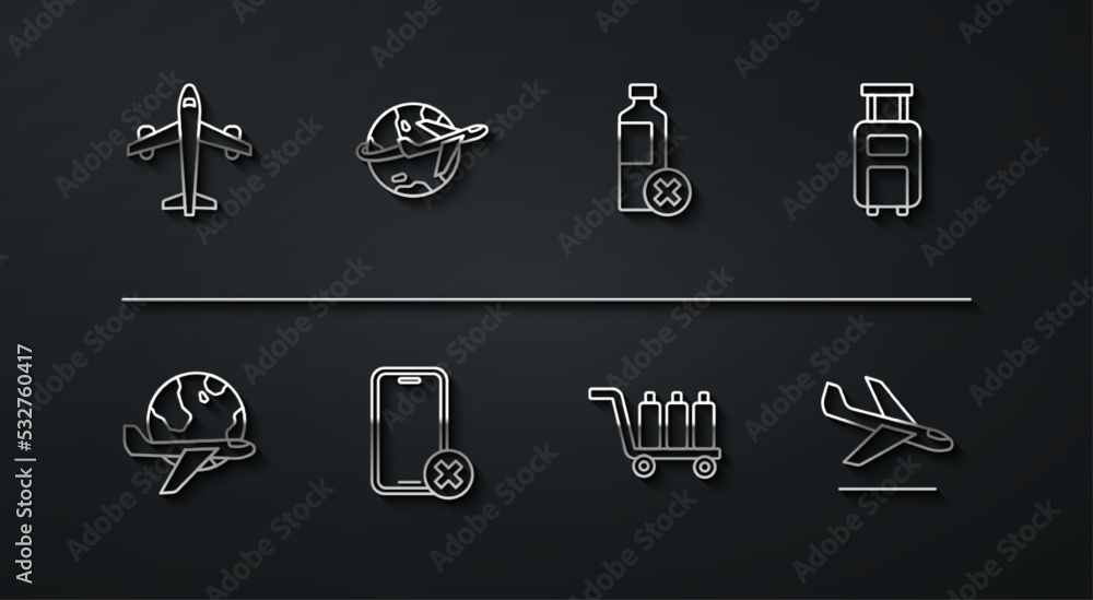 Set line Plane, Globe with flying plane, Suitcase, Trolley baggage, No cell phone, landing and water bottle icon. Vector
