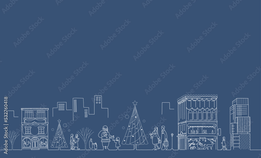 冬の街並みとクリスマスツリーのイルミネーション　線画背景