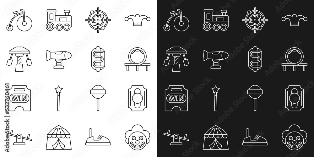 Set line Clown head, Circus ticket, Roller coaster, Target sport, Swing plane, Attraction carousel, Vintage bicycle and Hotdog sandwich icon. Vector
