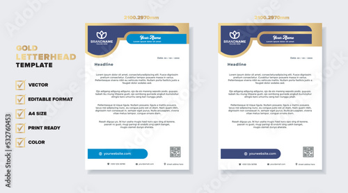 golden letterhead template for business company stationery design with A4 sheet vector format and editable layout in luxury color