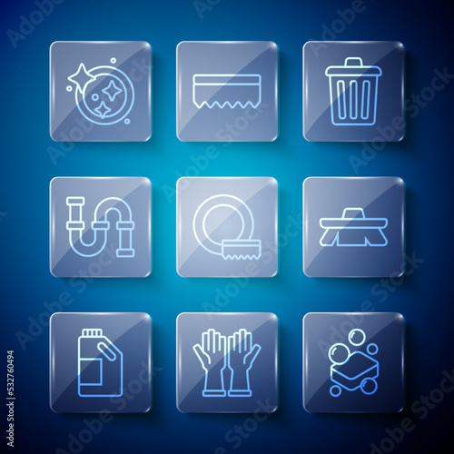Set line Bottle for cleaning agent, Rubber gloves, Bar of soap, Trash can, Washing dishes, Industry metallic pipe, and Brush icon. Vector