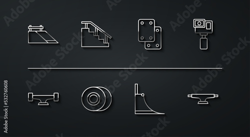 Set line Skate park, Skateboard wheel, Action camera, stairs with rail, and Knee pads icon. Vector