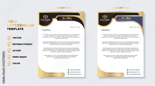 golden letterhead template for business company stationery design with A4 sheet vector format and editable layout in luxury color