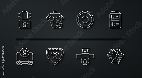 Set line Radioactive warning lamp, cargo train, Dosimeter, Industry pipe and valve, shield, Gas mask, Biohazard symbol and Power button icon. Vector