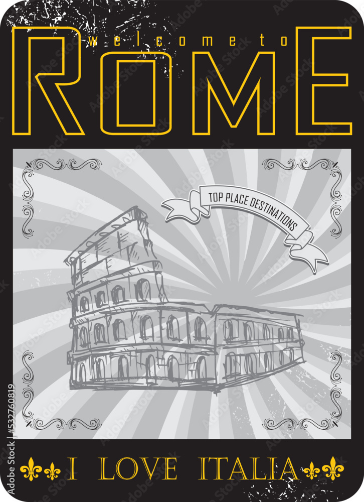 Naklejka premium Vintage Touristic Greeting Card. Typographical background welcome to Rome
