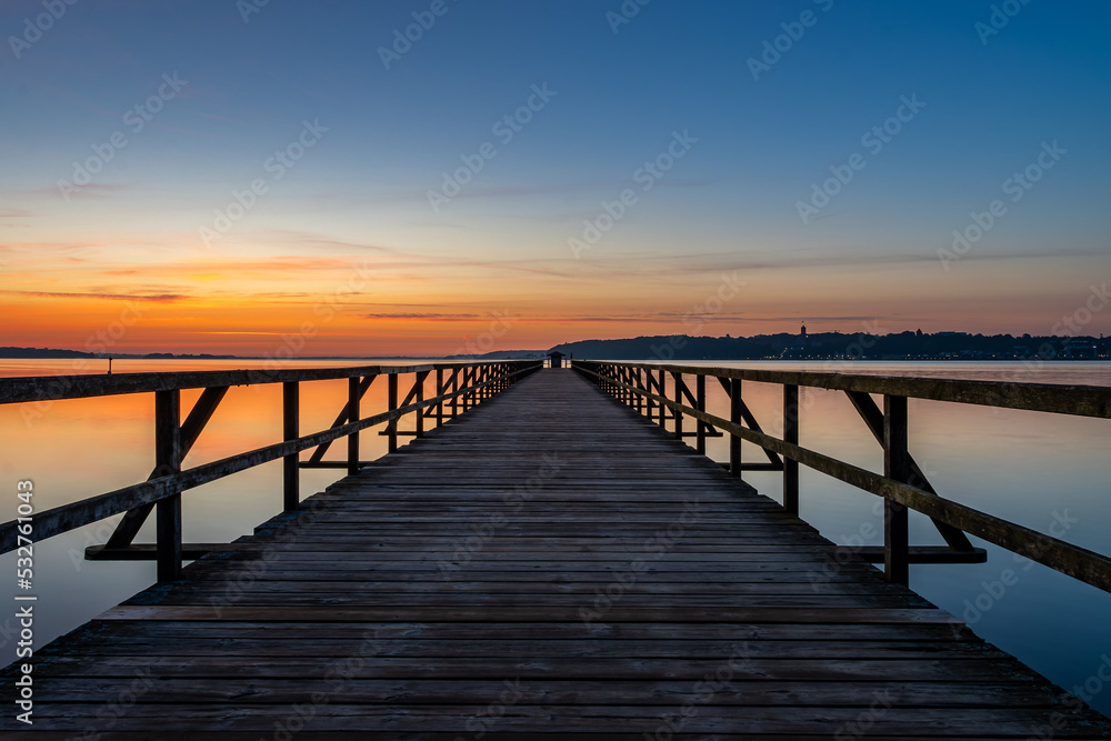 Pier in Harrislee, Flensburg, Baltic Sea at sunrise