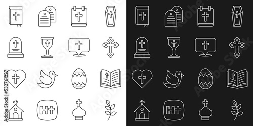 Set line Willow leaf, Holy bible book, Christian cross, Calendar with Easter, chalice, Grave tombstone, and Location church building icon. Vector