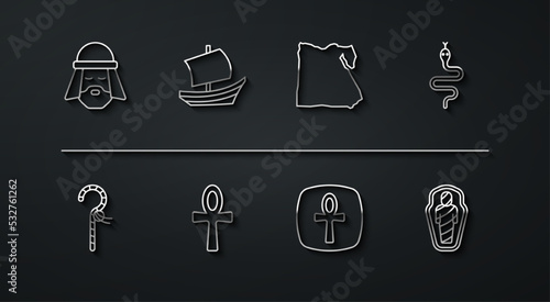 Set line Egyptian man, Crook, Snake, Cross ankh, ship, mummy in sarcophagus and Map of icon. Vector